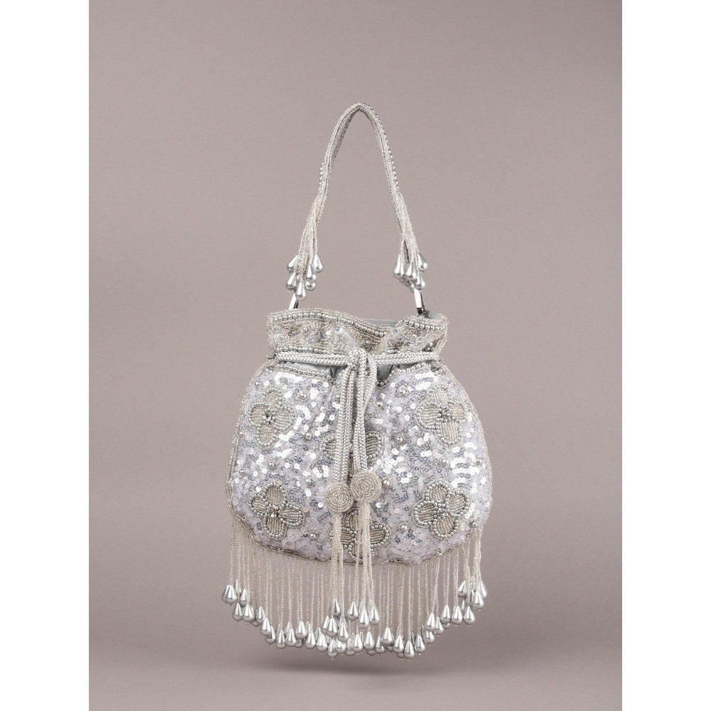 Odette Grey Embellished Potli Bag with Tassels for Women