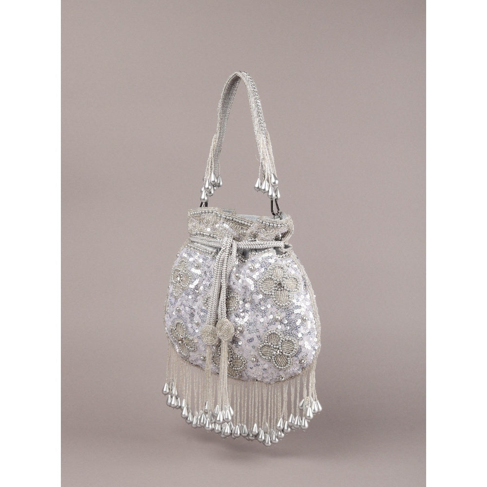 Odette Grey Embellished Potli Bag with Tassels for Women