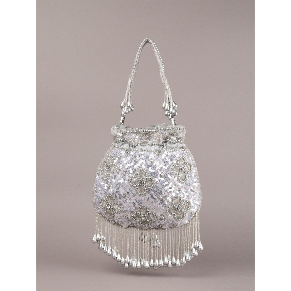 Odette Grey Embellished Potli Bag with Tassels for Women