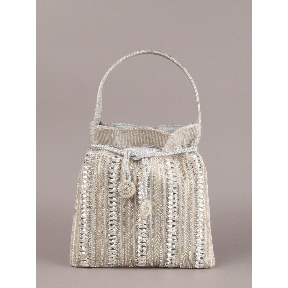 Odette Grey Embroidered Potli Bag with Tassels for Women