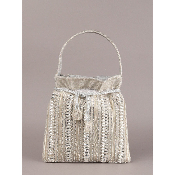 Odette Grey Embroidered Potli Bag with Tassels for Women