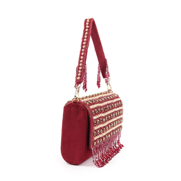 Odette Maroon Embroidered Tasselled Clutch for Women