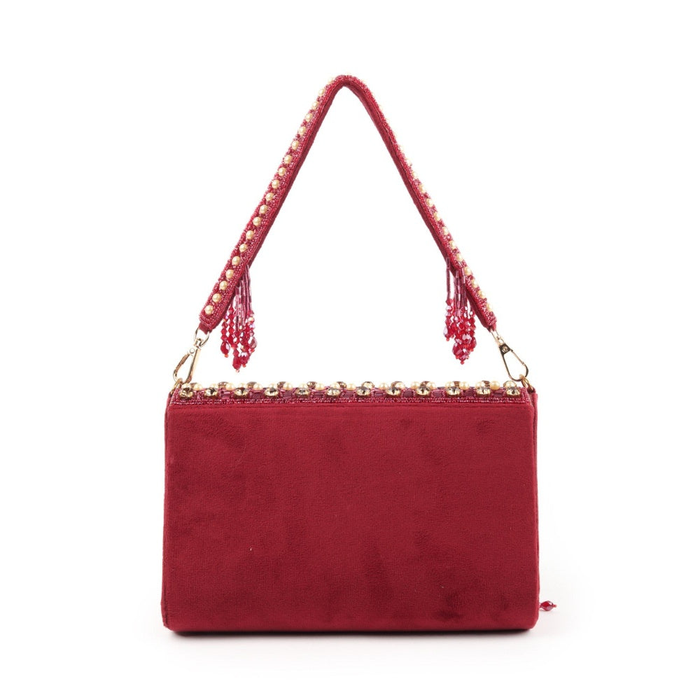 Odette Maroon Embroidered Tasselled Clutch for Women