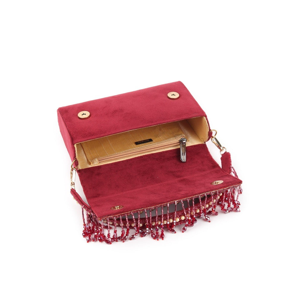 Odette Maroon Embroidered Tasselled Clutch for Women