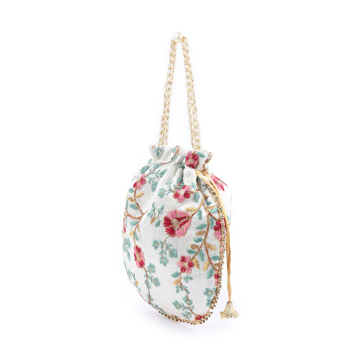 Odette Off White Embroidered Potli Bag with Tassels for Women