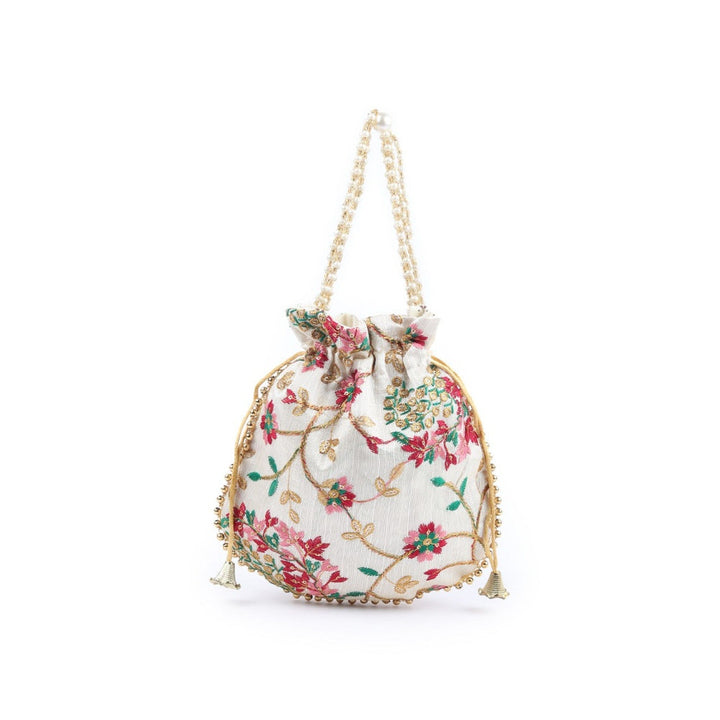 Odette Off White Embroidered Potli Bag with Tassels for Women