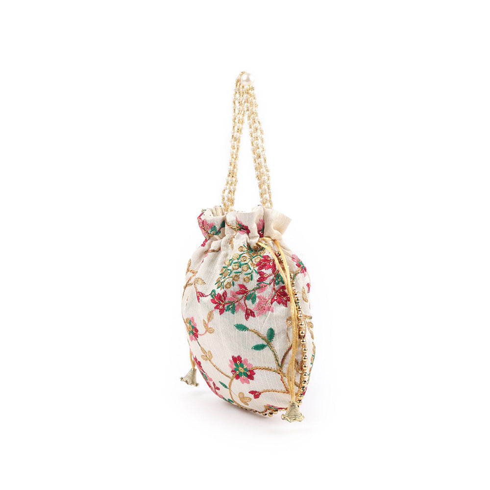 Odette Off White Embroidered Potli Bag with Tassels for Women