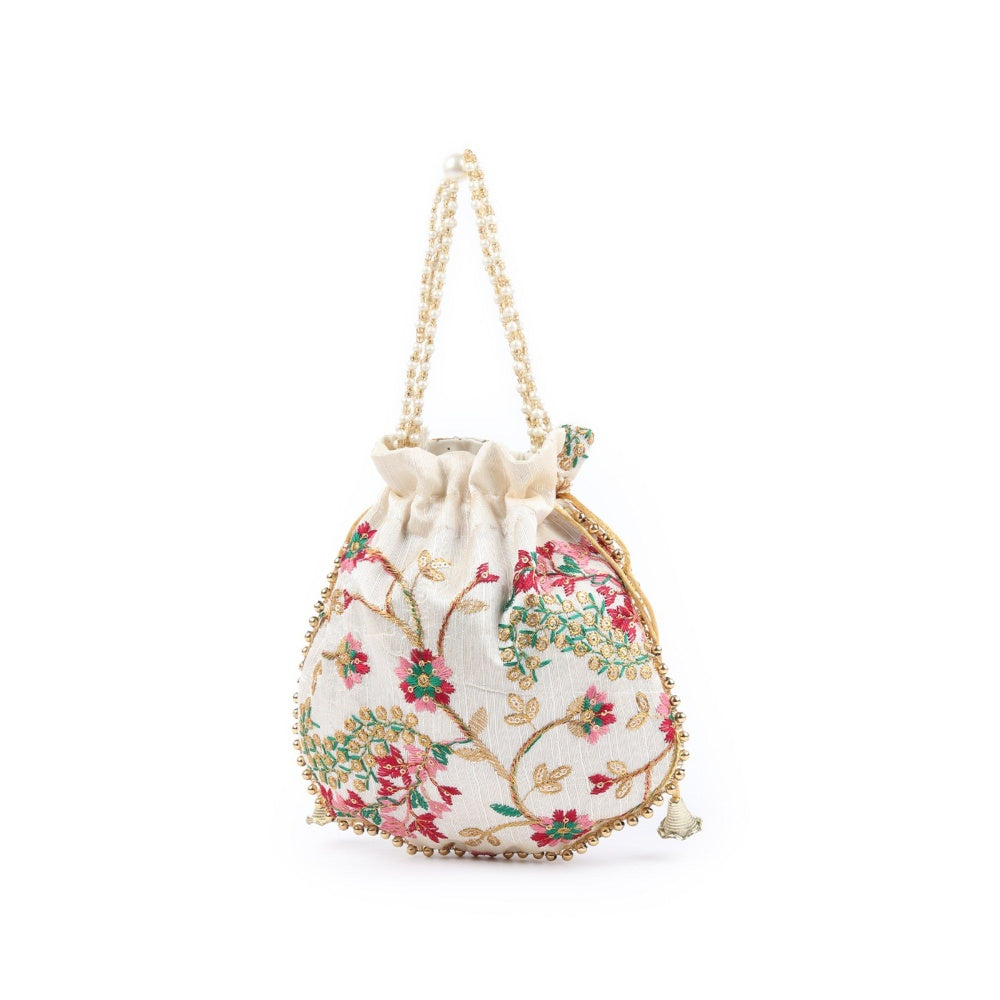 Odette Off White Embroidered Potli Bag with Tassels for Women