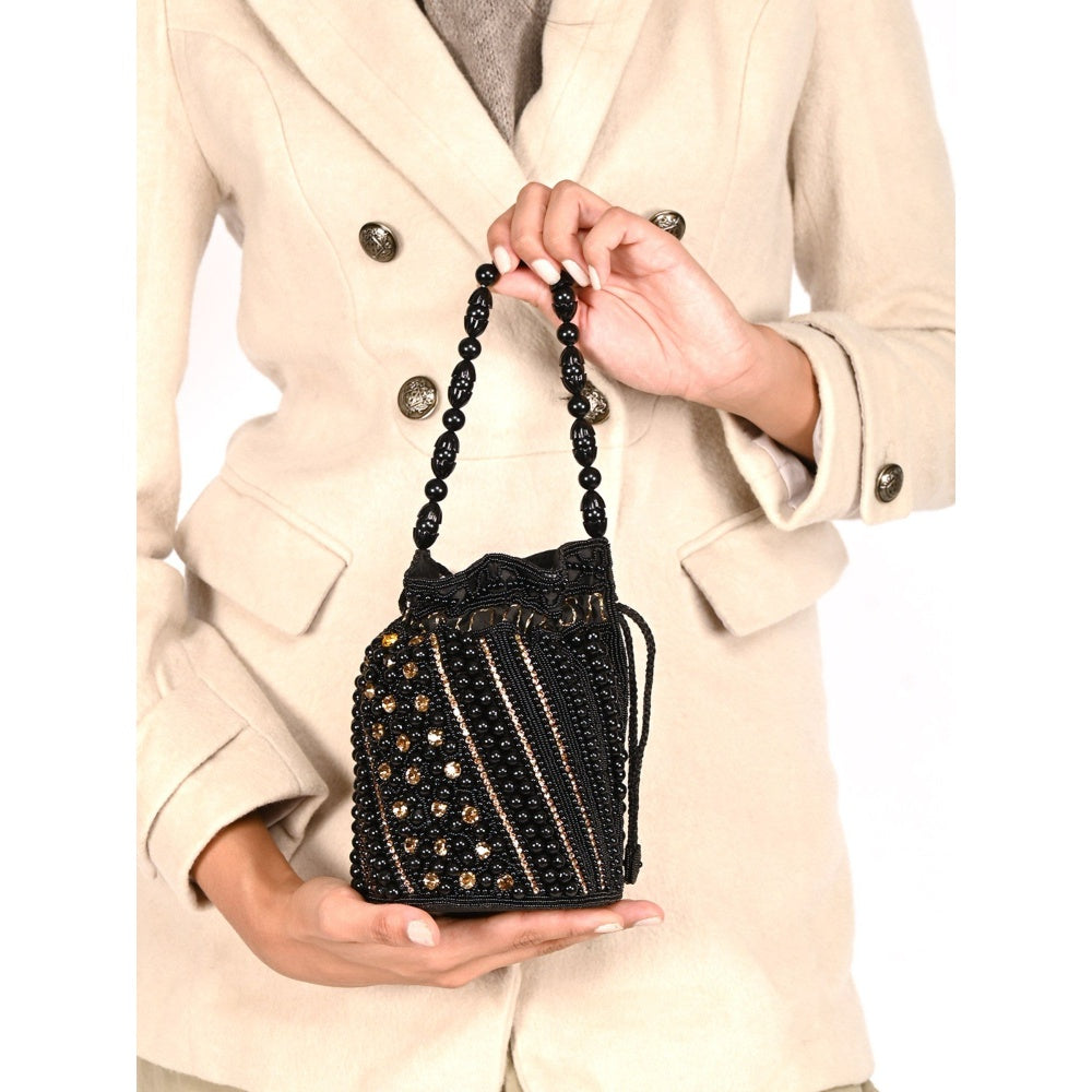 Odette Black Embellished Potli Bag with Tassels for Women