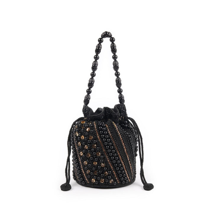 Odette Black Embellished Potli Bag with Tassels for Women