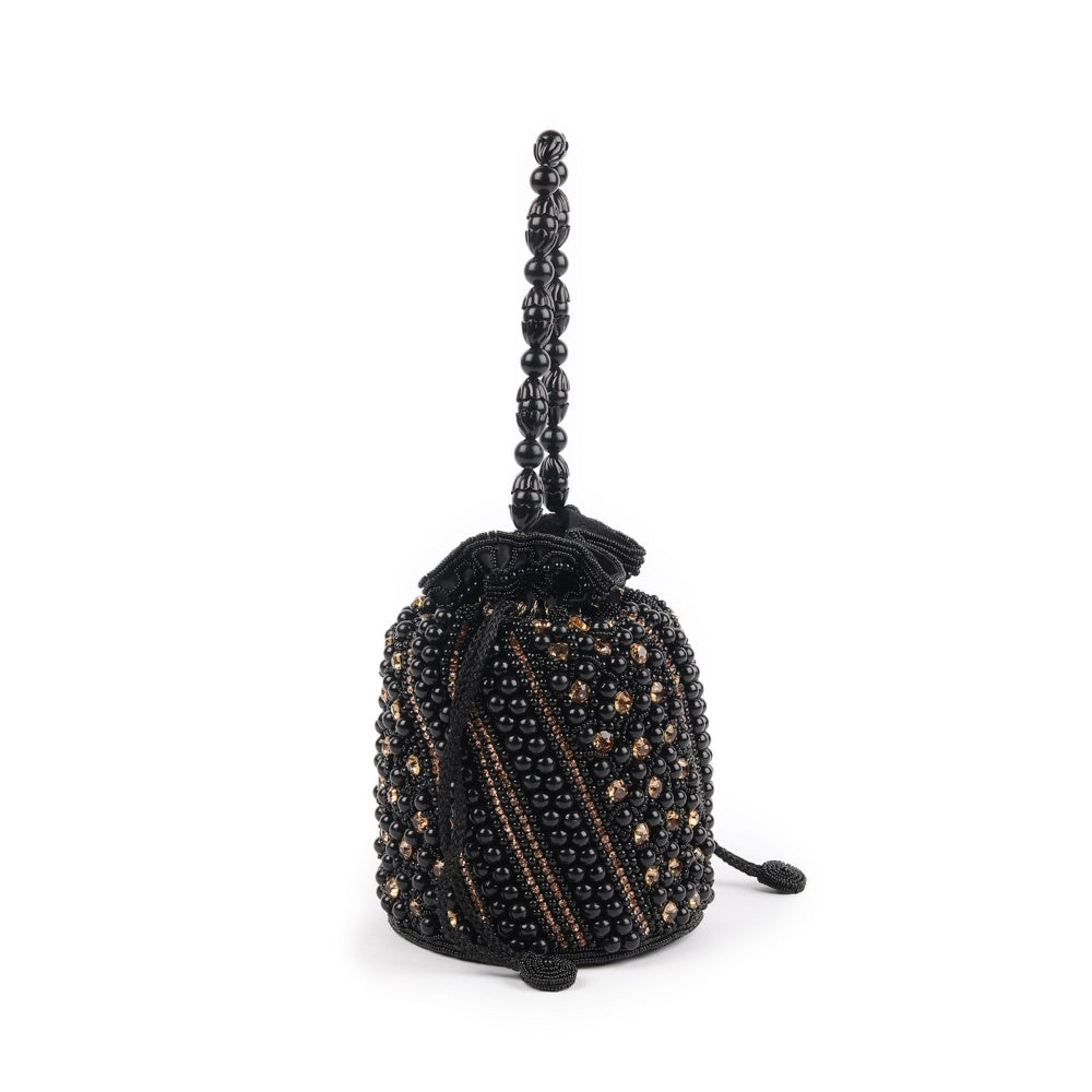 Odette Black Embellished Potli Bag with Tassels for Women