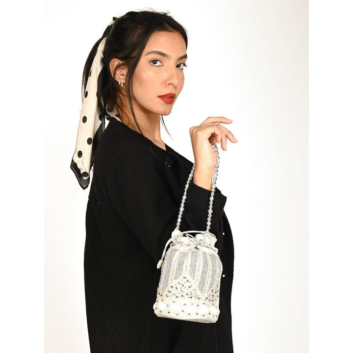 Odette Silver Embellished Potli Bag with Tassels for Women