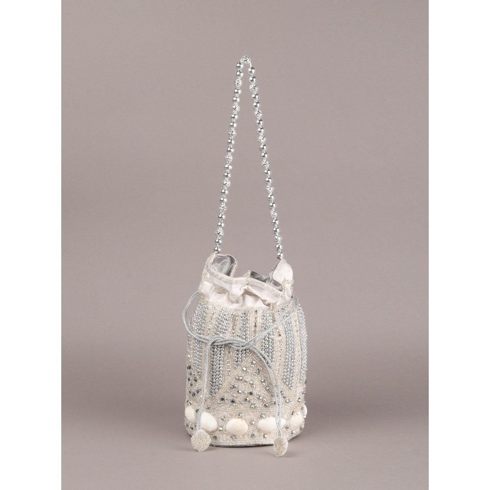 Odette Silver Embellished Potli Bag with Tassels for Women