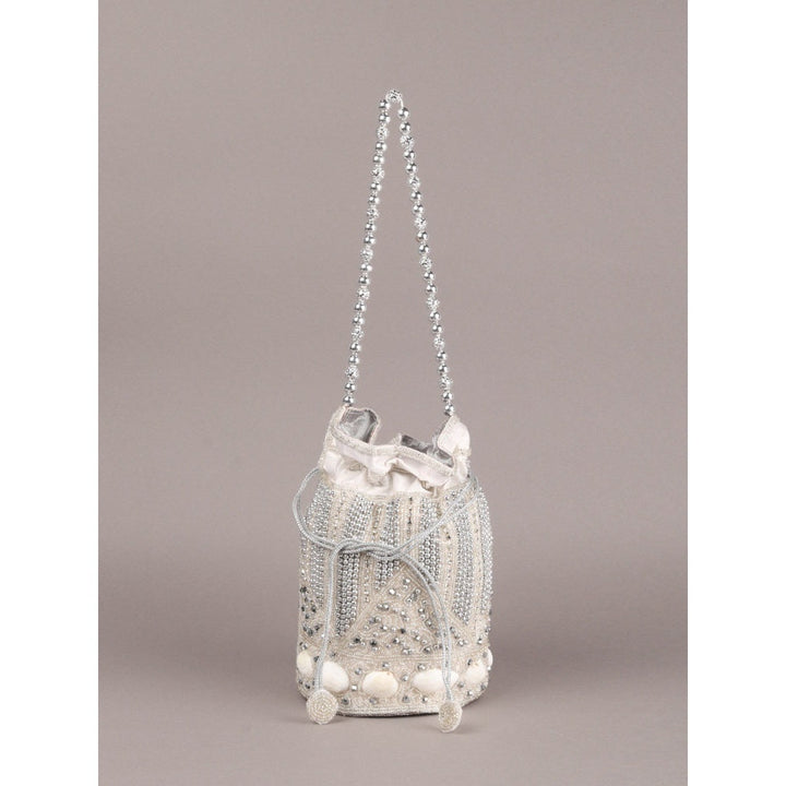 Odette Silver Embellished Potli Bag with Tassels for Women