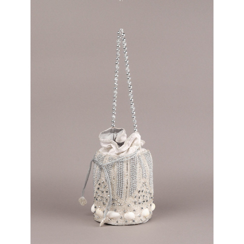 Odette Silver Embellished Potli Bag with Tassels for Women