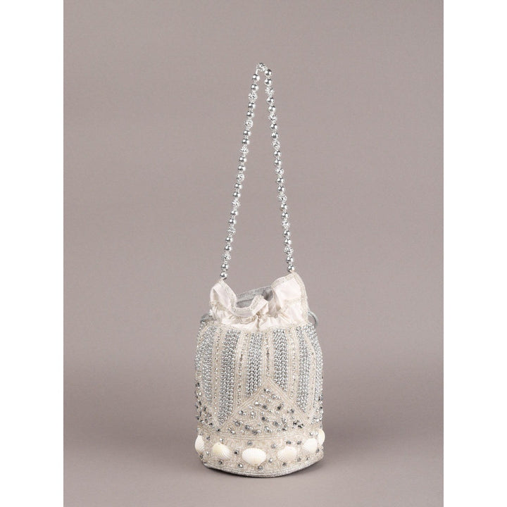 Odette Silver Embellished Potli Bag with Tassels for Women