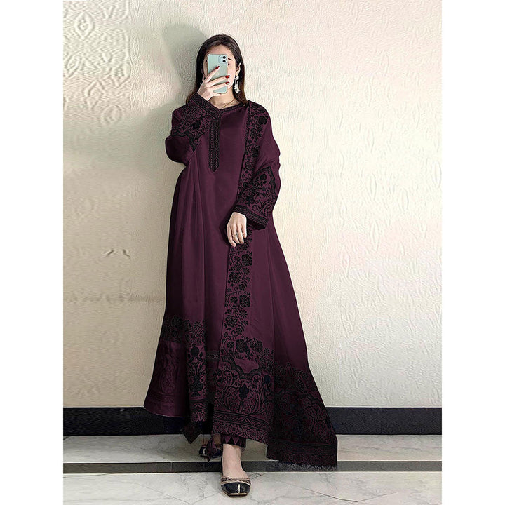 Odette Wine Embroidered Georgette Semi Stitched Suit with Dupatta (Set of 3)