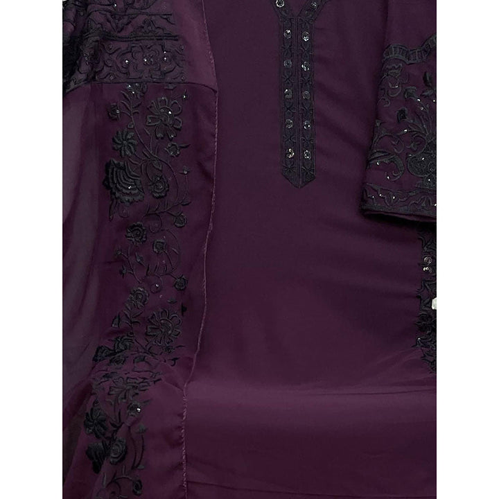 Odette Wine Embroidered Georgette Semi Stitched Suit with Dupatta (Set of 3)