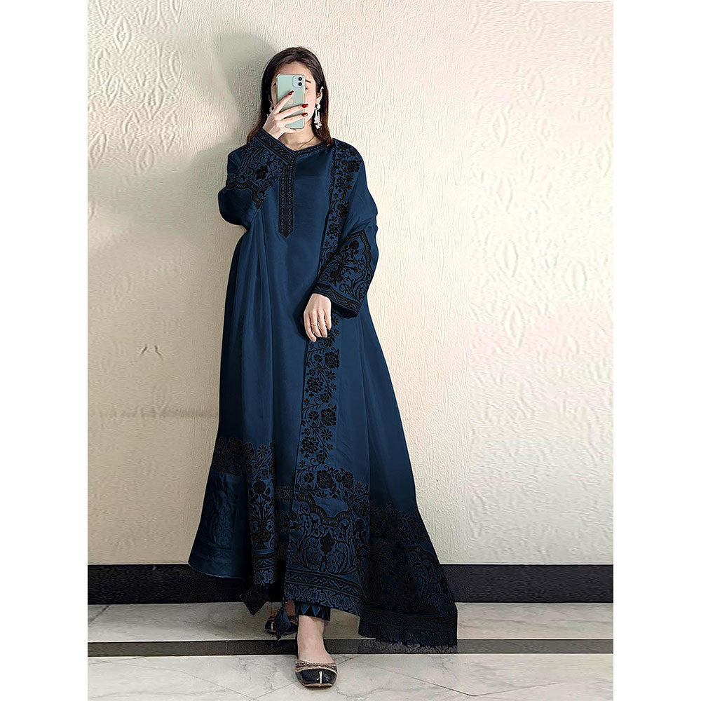 Odette Navy Blue Embroidered Georgette Semi Stitched Suit with Dupatta (Set of 3)