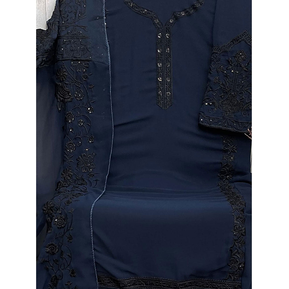 Odette Navy Blue Embroidered Georgette Semi Stitched Suit with Dupatta (Set of 3)