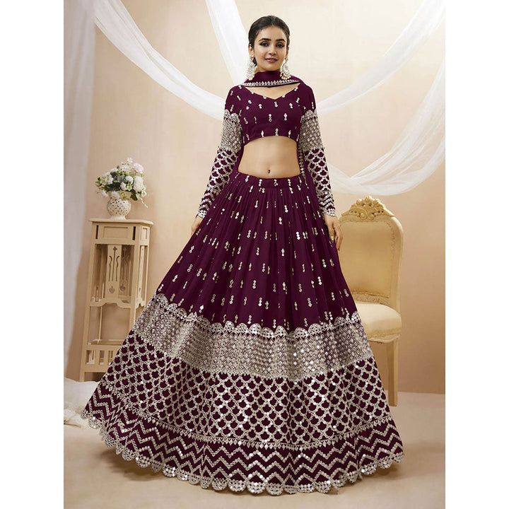 Odette Wine Embroidered Semi Stitched Lehenga with Unstitched Blouse and Dupatta (Set of 3)