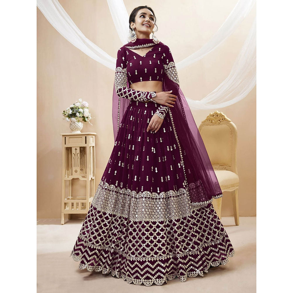 Odette Wine Embroidered Semi Stitched Lehenga with Unstitched Blouse and Dupatta (Set of 3)