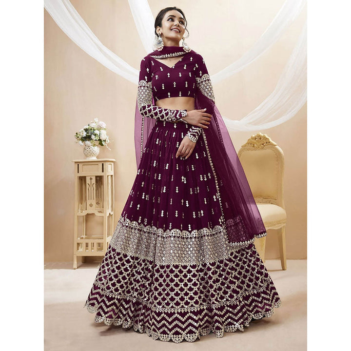 Odette Wine Embroidered Semi Stitched Lehenga with Unstitched Blouse and Dupatta (Set of 3)