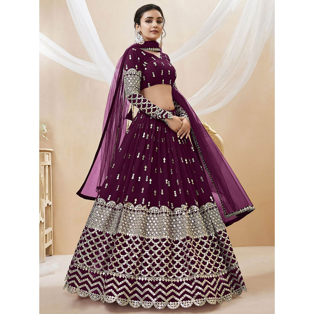 Odette Wine Embroidered Semi Stitched Lehenga with Unstitched Blouse and Dupatta (Set of 3)