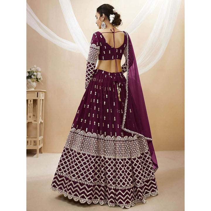 Odette Wine Embroidered Semi Stitched Lehenga with Unstitched Blouse and Dupatta (Set of 3)