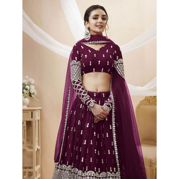 Odette Wine Embroidered Semi Stitched Lehenga with Unstitched Blouse and Dupatta (Set of 3)