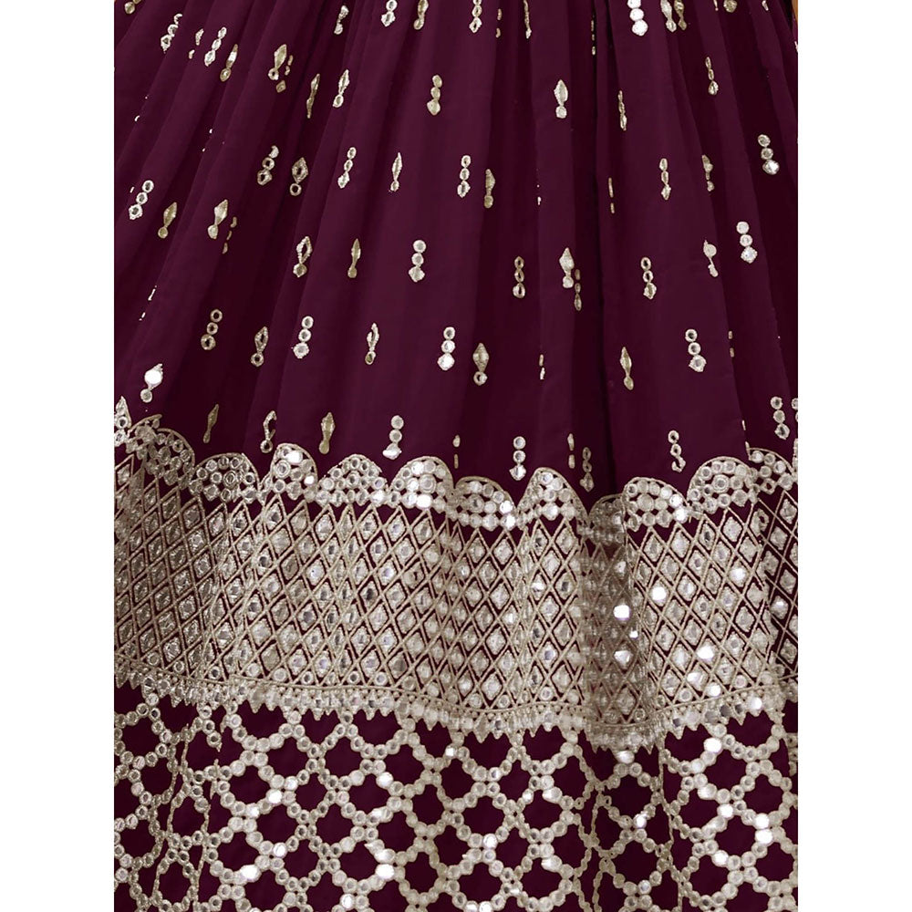 Odette Wine Embroidered Semi Stitched Lehenga with Unstitched Blouse and Dupatta (Set of 3)