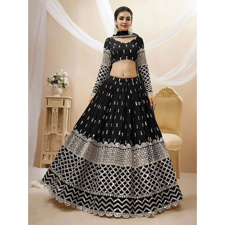 Odette Black Embroidered Semi Stitched Lehenga with Unstitched Blouse and Dupatta (Set of 3)