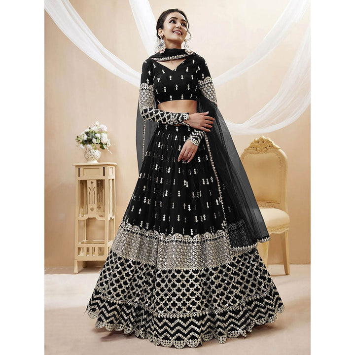 Odette Black Embroidered Semi Stitched Lehenga with Unstitched Blouse and Dupatta (Set of 3)