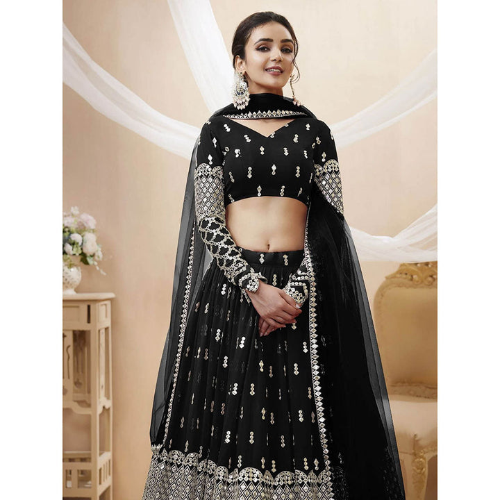 Odette Black Embroidered Semi Stitched Lehenga with Unstitched Blouse and Dupatta (Set of 3)