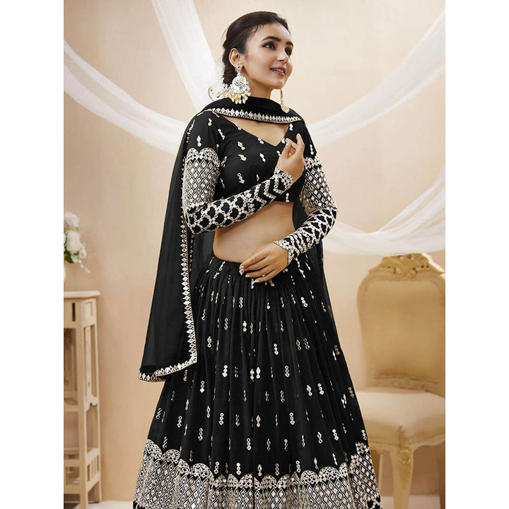 Odette Black Embroidered Semi Stitched Lehenga with Unstitched Blouse and Dupatta (Set of 3)