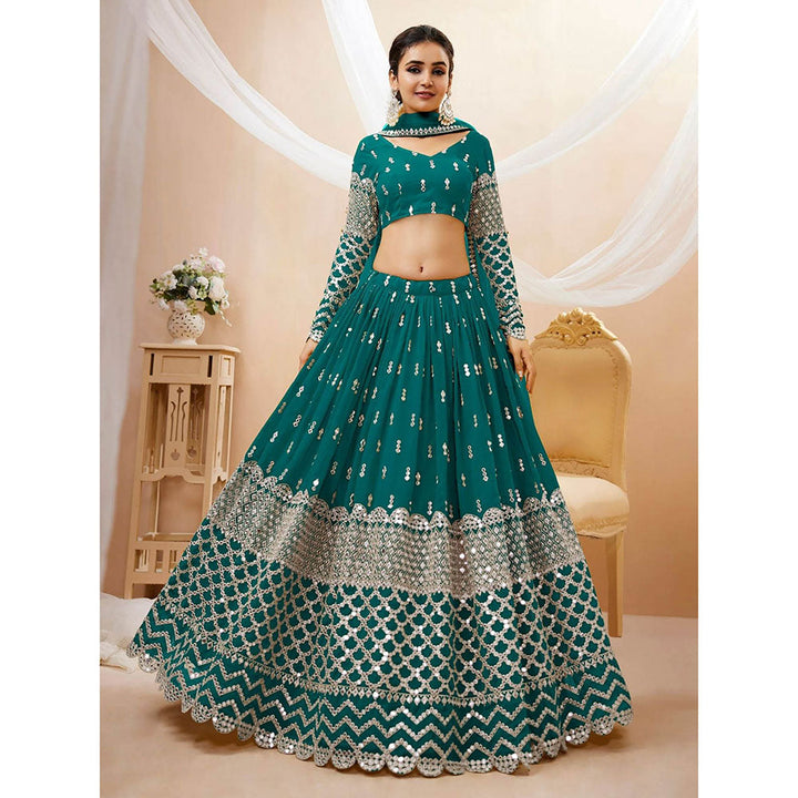 Odette Teal Embroidered Semi Stitched Lehenga with Unstitched Blouse and Dupatta (Set of 3)