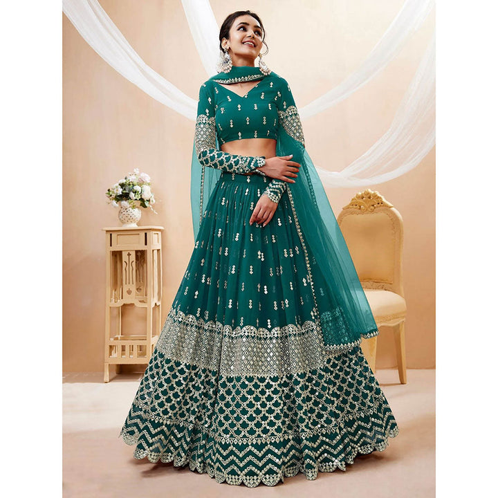 Odette Teal Embroidered Semi Stitched Lehenga with Unstitched Blouse and Dupatta (Set of 3)