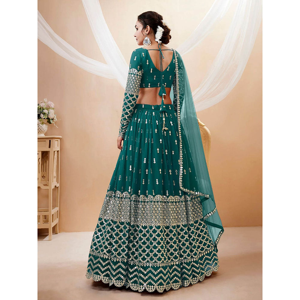 Odette Teal Embroidered Semi Stitched Lehenga with Unstitched Blouse and Dupatta (Set of 3)