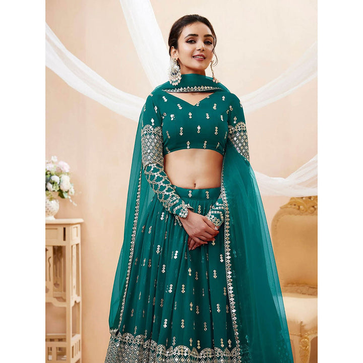 Odette Teal Embroidered Semi Stitched Lehenga with Unstitched Blouse and Dupatta (Set of 3)