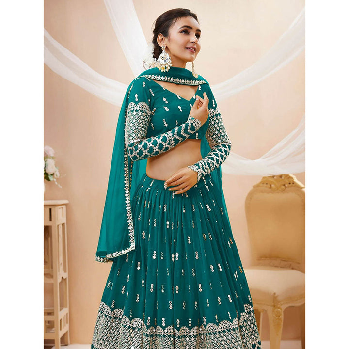 Odette Teal Embroidered Semi Stitched Lehenga with Unstitched Blouse and Dupatta (Set of 3)