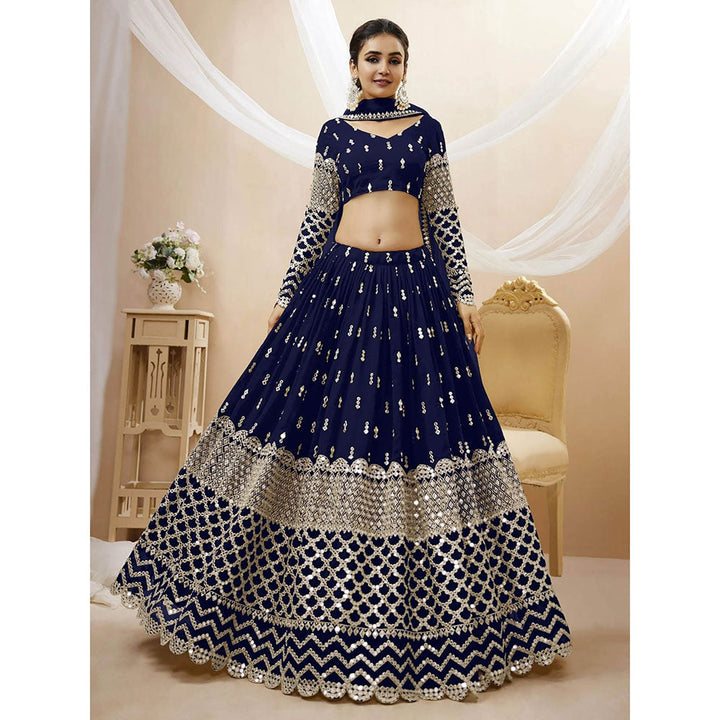 Odette Navy Blue Embroidered Semi Stitched Lehenga with Unstitched Blouse and Dupatta (Set of 3)