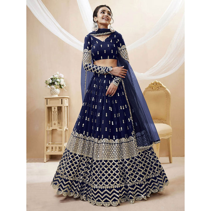 Odette Navy Blue Embroidered Semi Stitched Lehenga with Unstitched Blouse and Dupatta (Set of 3)