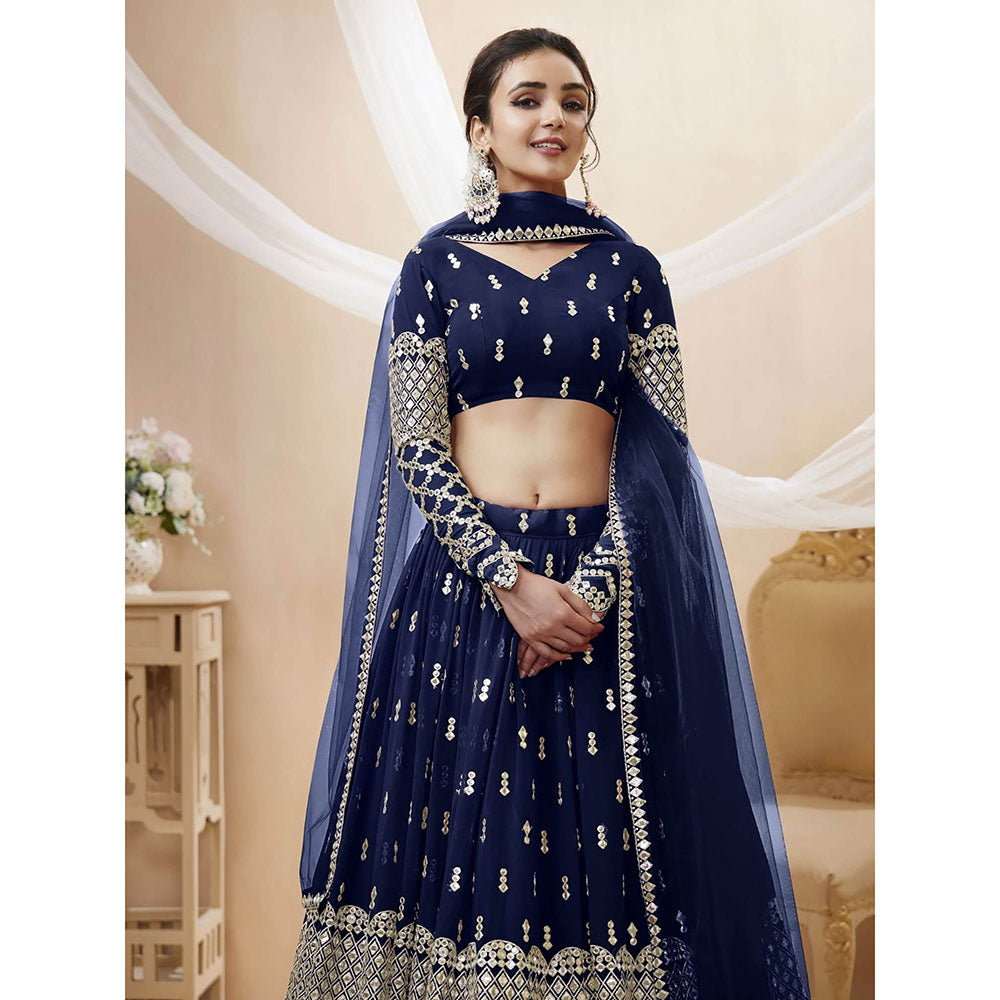 Odette Navy Blue Embroidered Semi Stitched Lehenga with Unstitched Blouse and Dupatta (Set of 3)