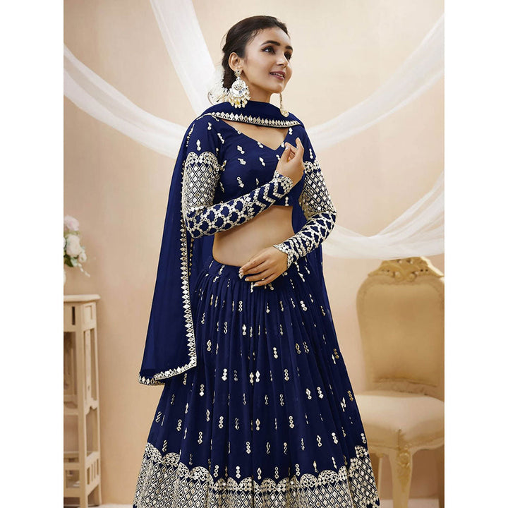 Odette Navy Blue Embroidered Semi Stitched Lehenga with Unstitched Blouse and Dupatta (Set of 3)