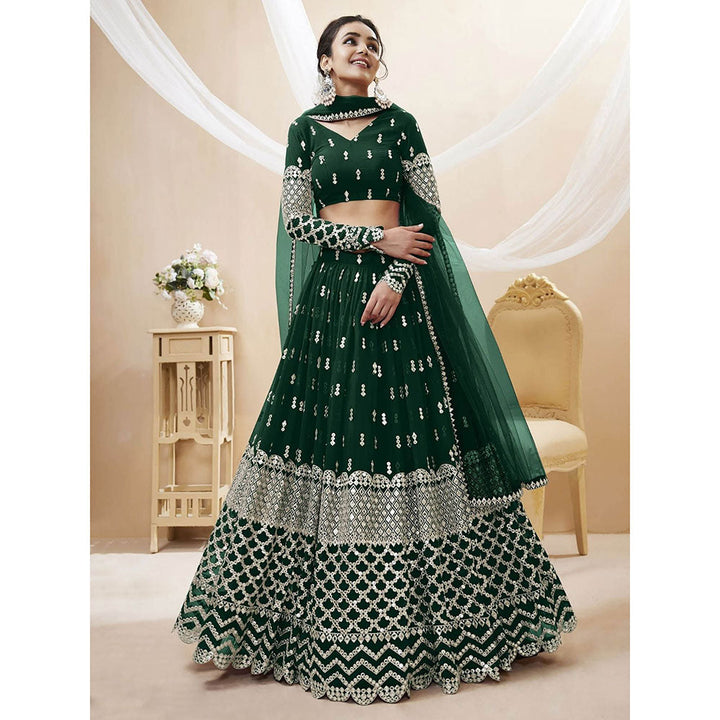 Odette Green Embroidered Semi Stitched Lehenga with Unstitched Blouse and Dupatta (Set of 3)