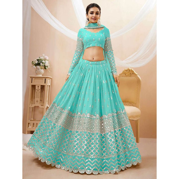 Odette Light Blue Embroidered Semi Stitched Lehenga with Unstitched Blouse and Dupatta (Set of 3)