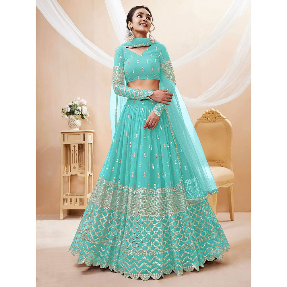 Odette Light Blue Embroidered Semi Stitched Lehenga with Unstitched Blouse and Dupatta (Set of 3)