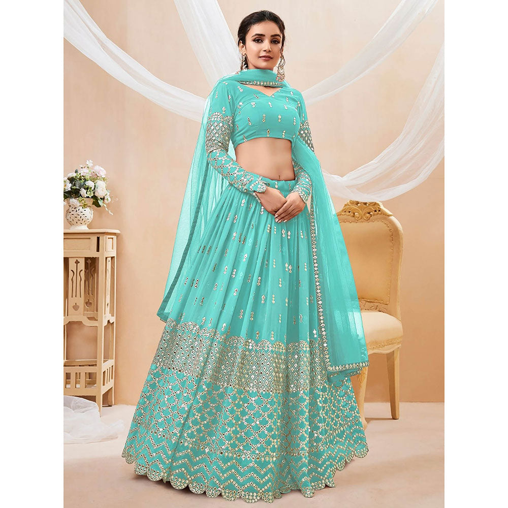 Odette Light Blue Embroidered Semi Stitched Lehenga with Unstitched Blouse and Dupatta (Set of 3)