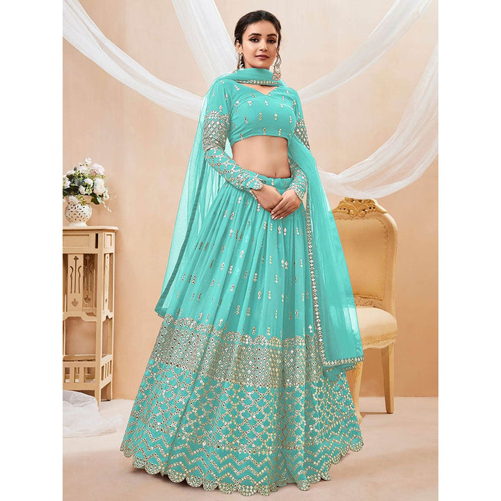 Odette Light Blue Embroidered Semi Stitched Lehenga with Unstitched Blouse and Dupatta (Set of 3)