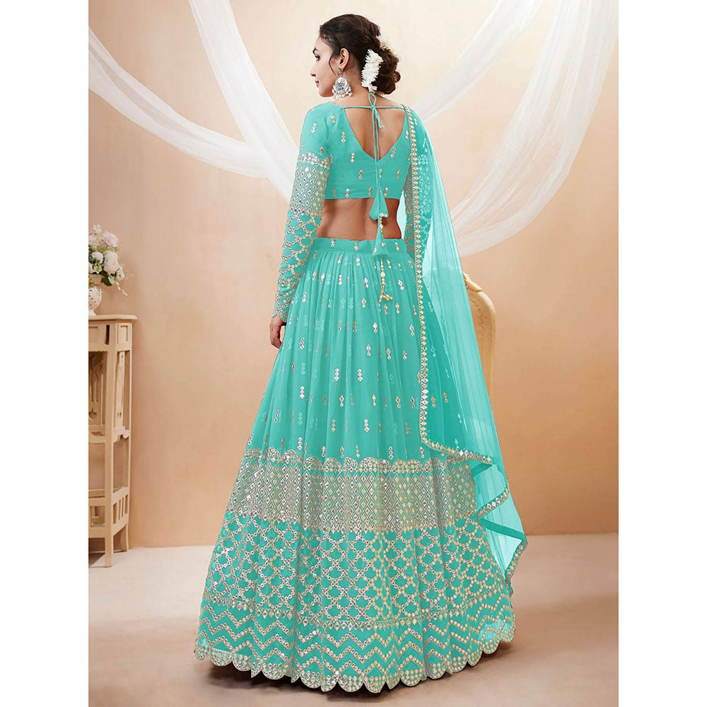 Odette Light Blue Embroidered Semi Stitched Lehenga with Unstitched Blouse and Dupatta (Set of 3)